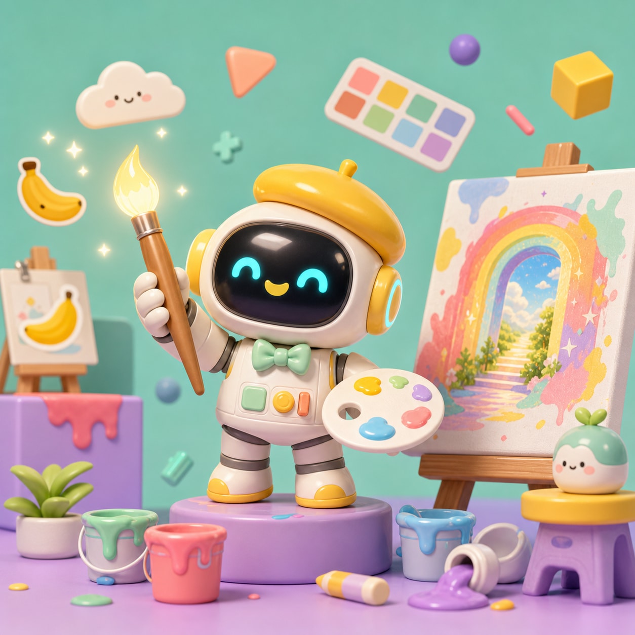 Colorful pastel 3D robot painter toy scene with rainbow canvas and floating creative props