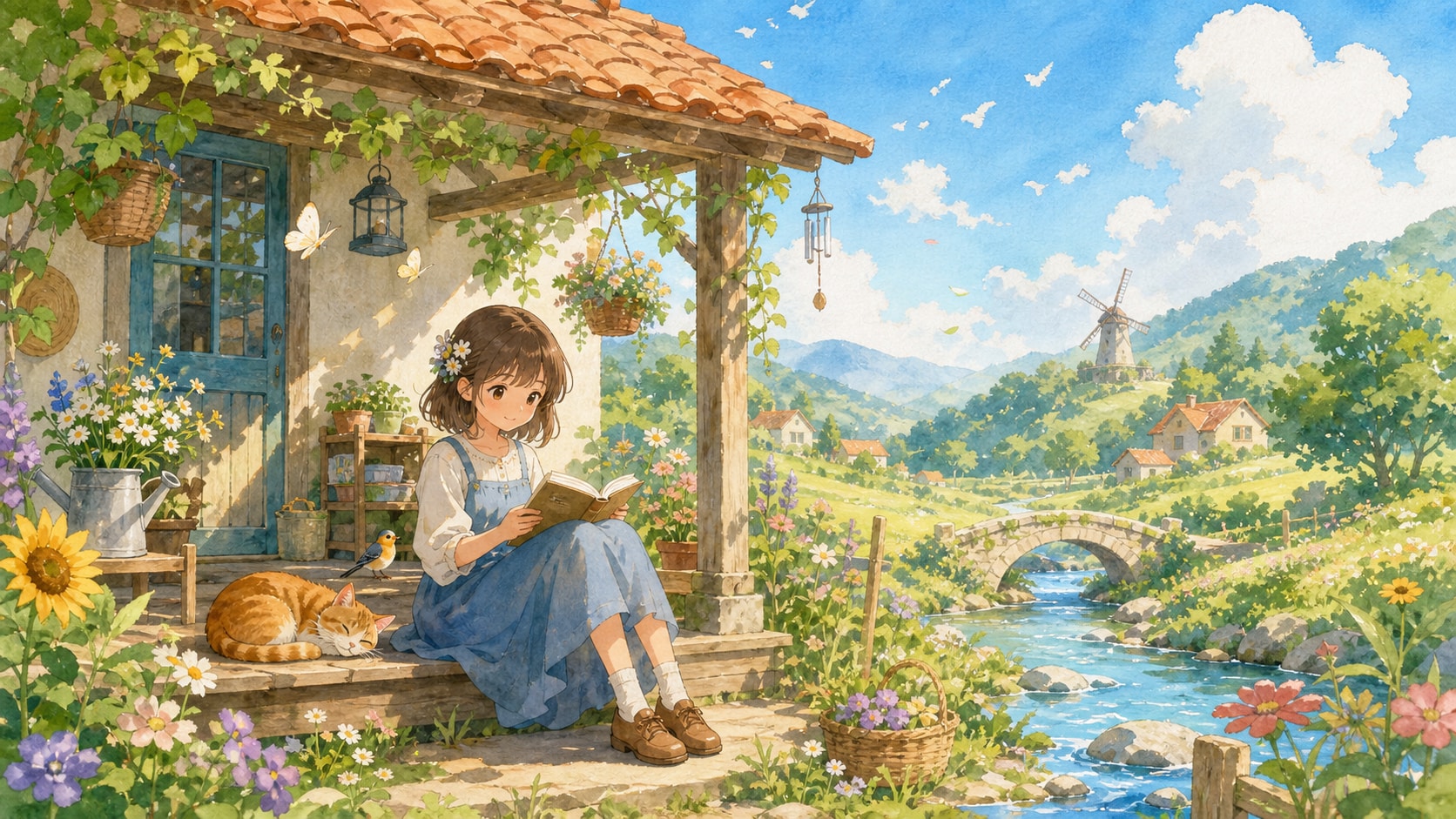 Bright anime-inspired watercolor cottage scene with a girl reading beside flowers, a cat and a blue stream
