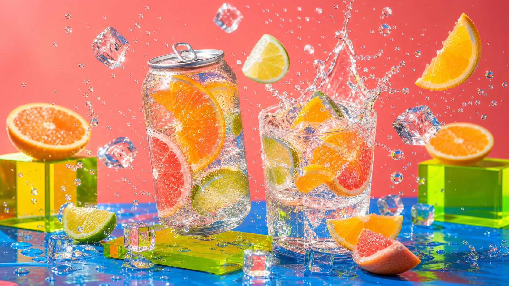 Colorful citrus soda campaign image with splashing fruit, ice cubes and glossy pop-art set