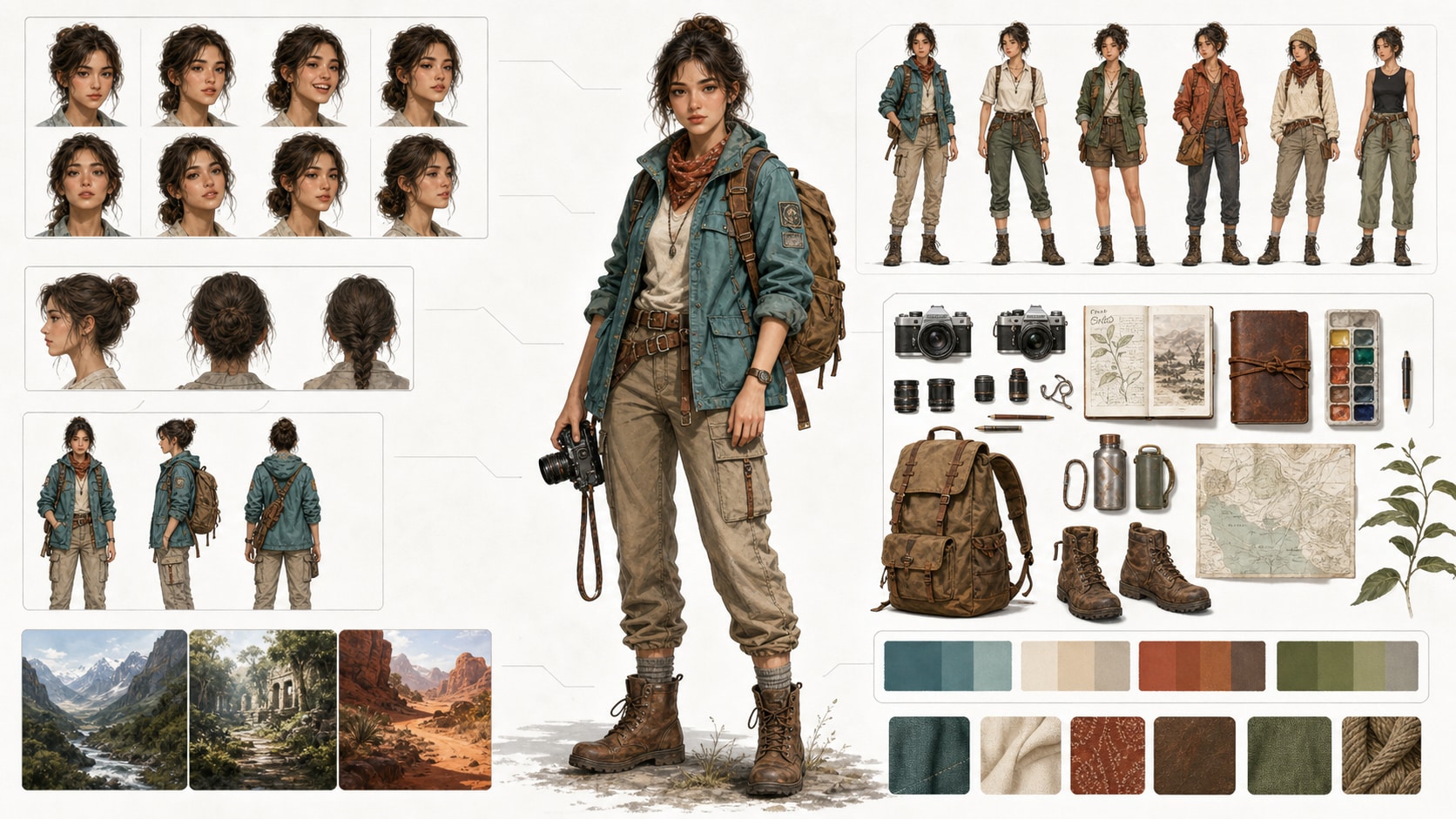 Detailed character design reference sheet for an original explorer with outfits, expressions and props