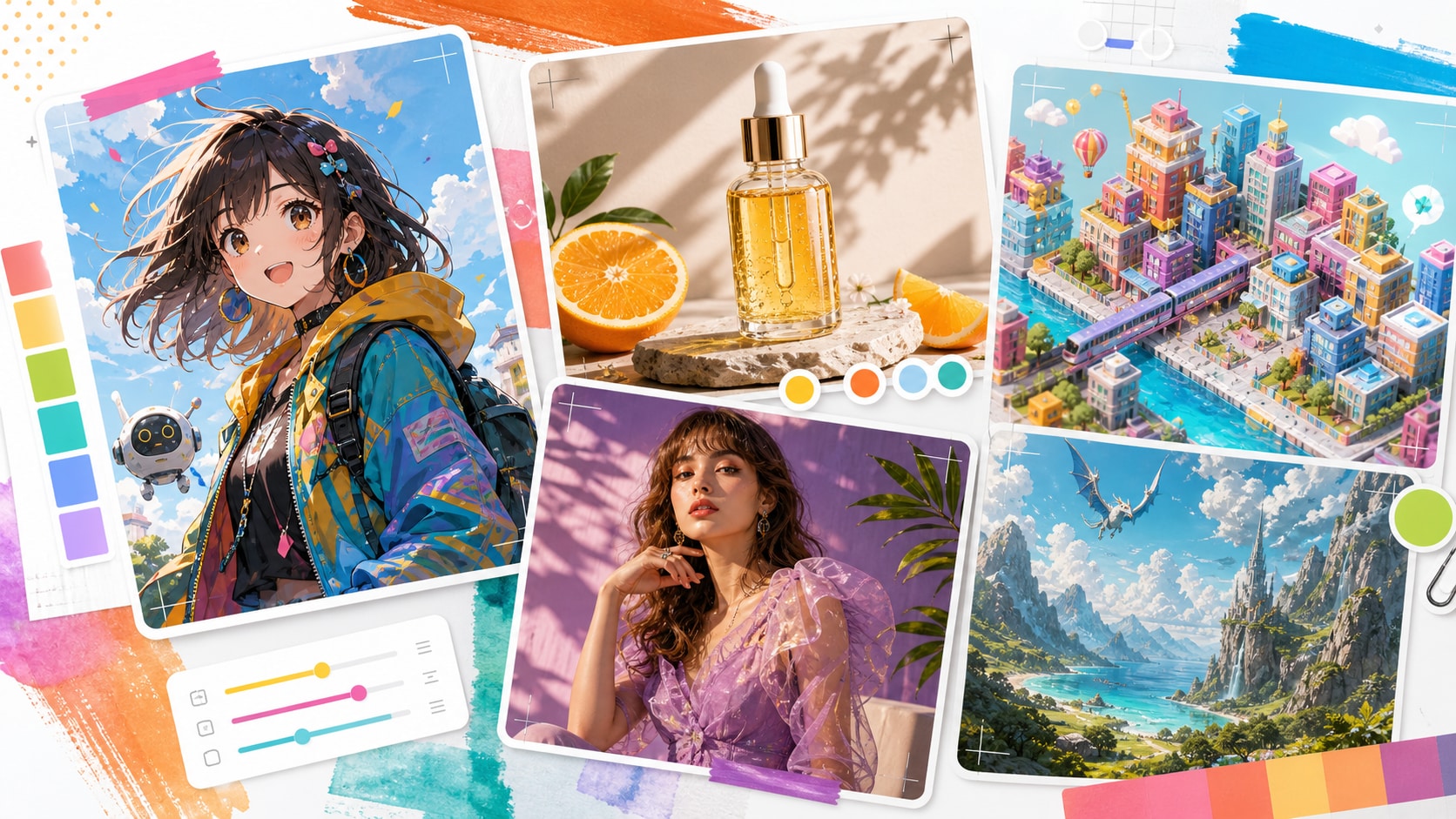 Colorful creative collage showing varied AI outputs including anime, product, 3D city, fashion portrait and fantasy landscape cards