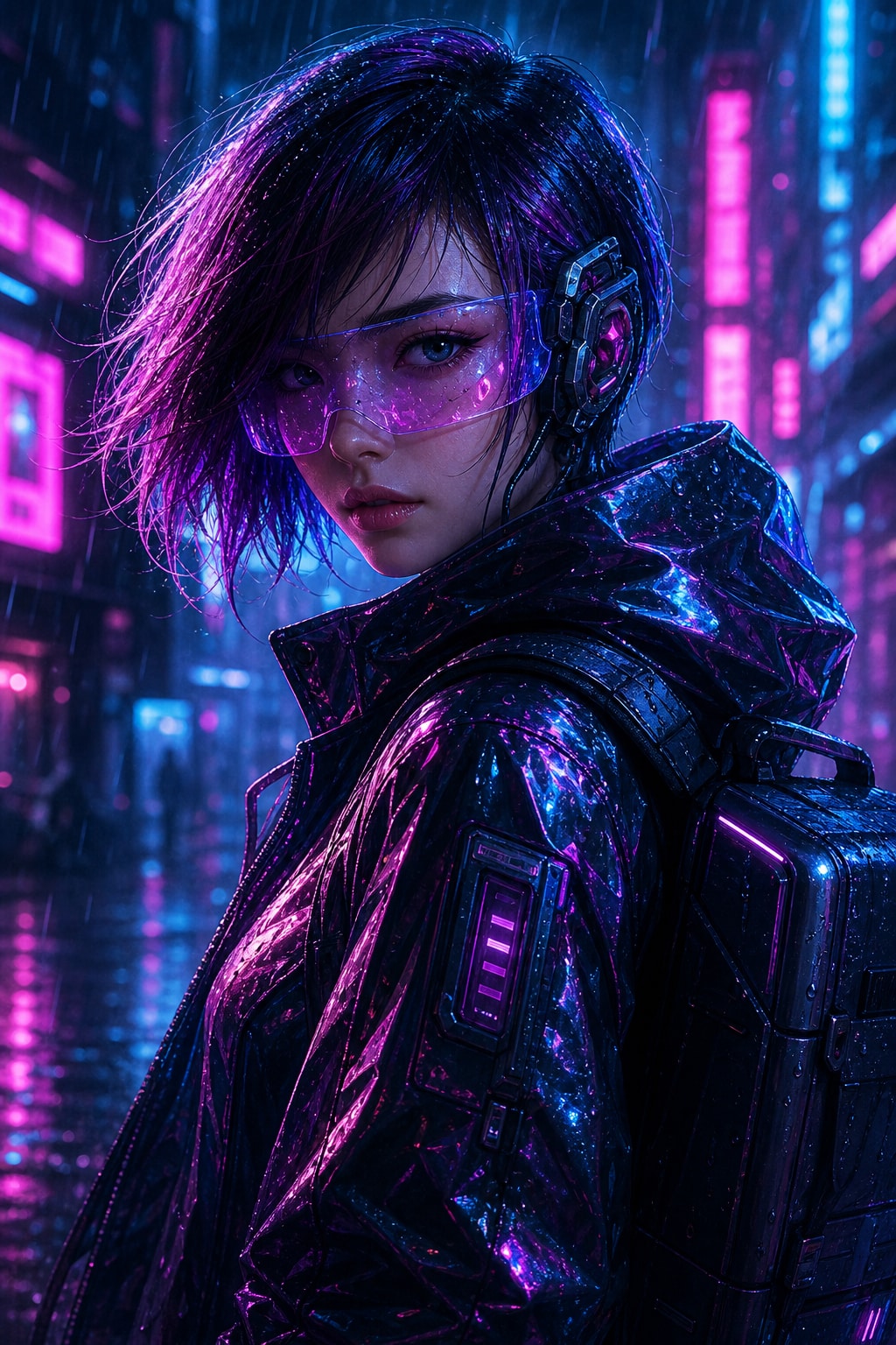 Purple and electric-blue cyberpunk portrait of a futuristic courier in a rainy neon city