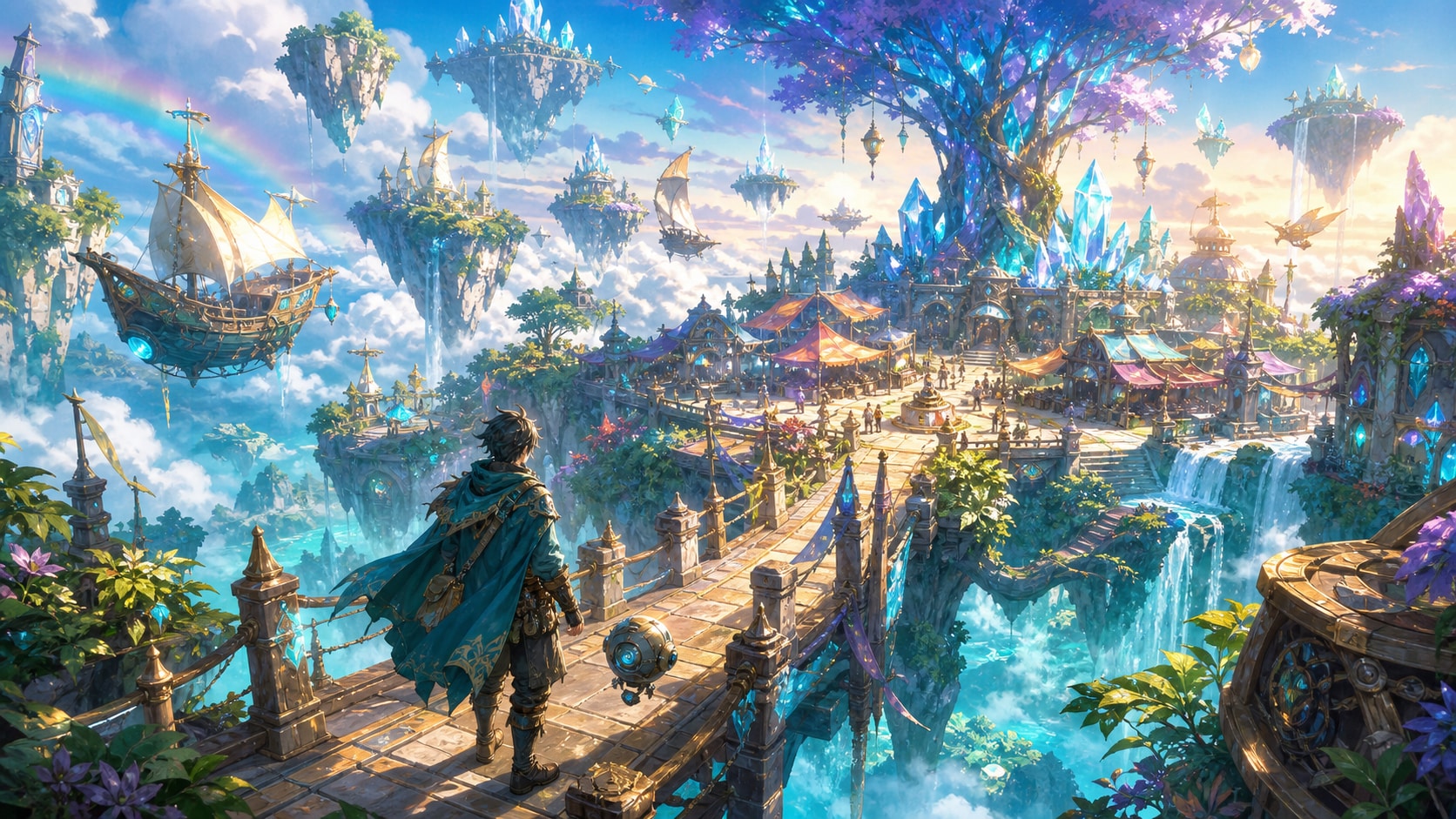 Bright fantasy floating island marketplace with crystal trees, airships and waterfalls above turquoise clouds