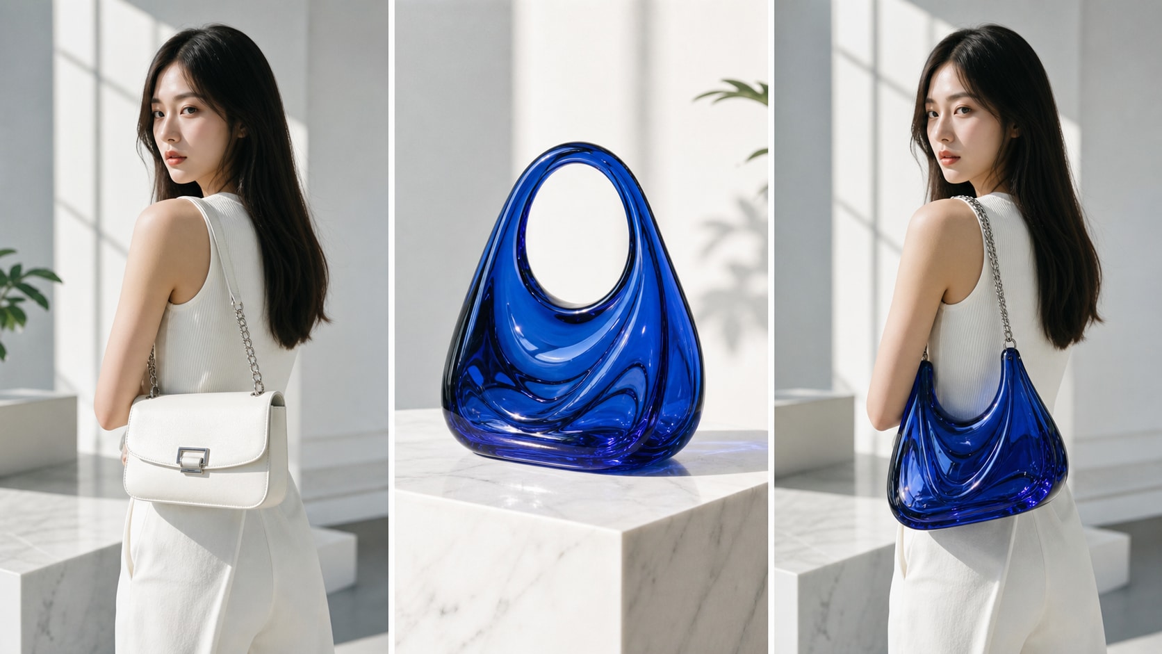 Bright fashion before-and-after edit showing a white bag replaced by a cobalt-blue glass handbag