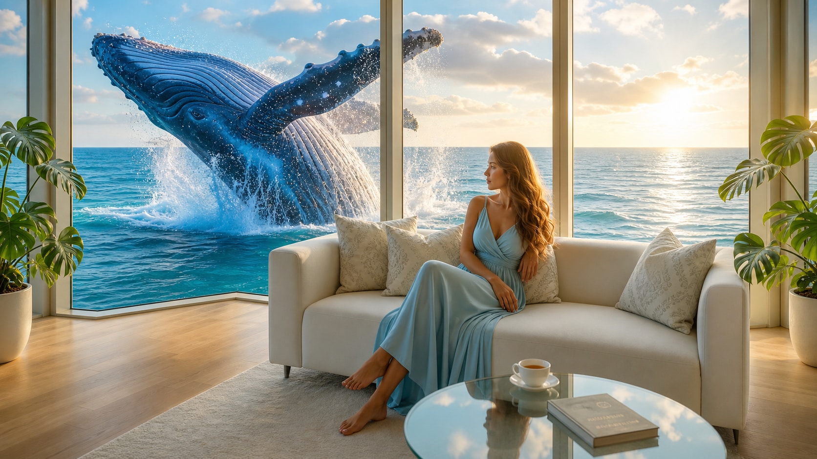 Surreal photorealistic oceanfront living room with a whale leaping outside the window